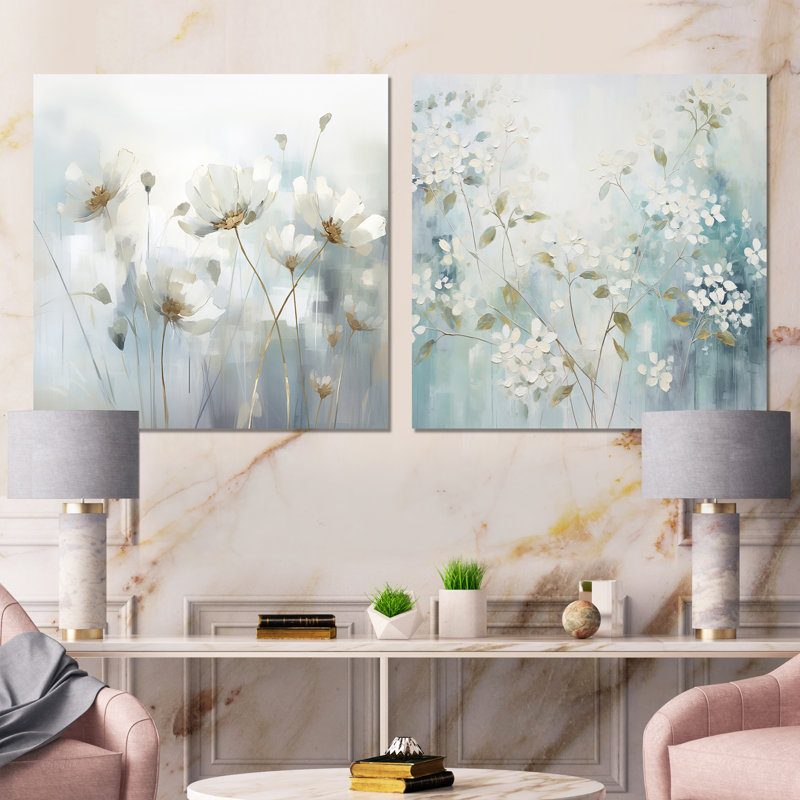 Green Beige Serene Meadows - ensemble de 2 collages carrés botaniques abstraits, Toile tendue, H 16 po x l 33 po