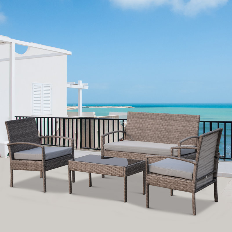 Belinda Wicker 4 - Person Patio Conversation Set with Cushions, Light Gray