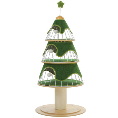 Modern Cat Tree 51.2-Inch Christmas Tree with Thick Scratch Post(φ5.4in), Wood Cat Tower, 3 Condos-Heavy Duty Cat Furniture, Metal Frame & Replaceable Mat for Indoor Cat