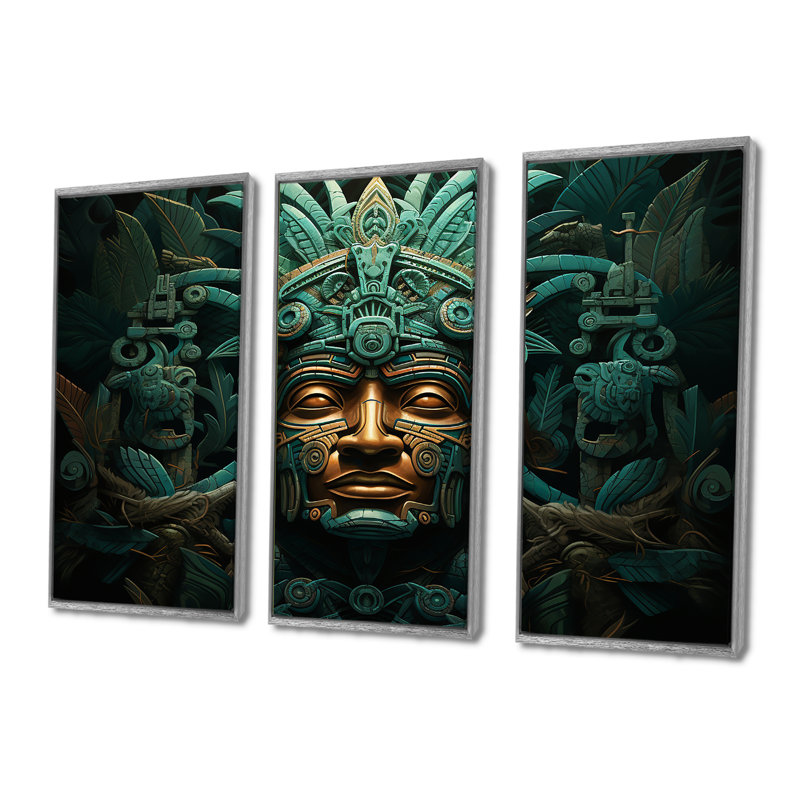 Ensemble de salon Maya Magic Aztec Mask I - art mural mexicain, H 32 po x l 48 po, Encadrement argenté