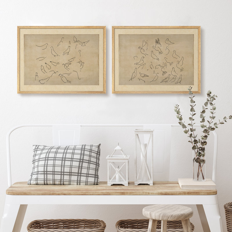 Ensemble de 2 pièces d'art mural encadrées dessinées au trait - Estampes rétro pour décor de bibliothèque, Naturel