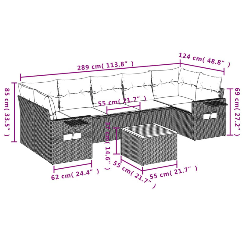 Ensemble de canapé de patio 8 pièces avec coussins en rotin noir pour l'extérieur