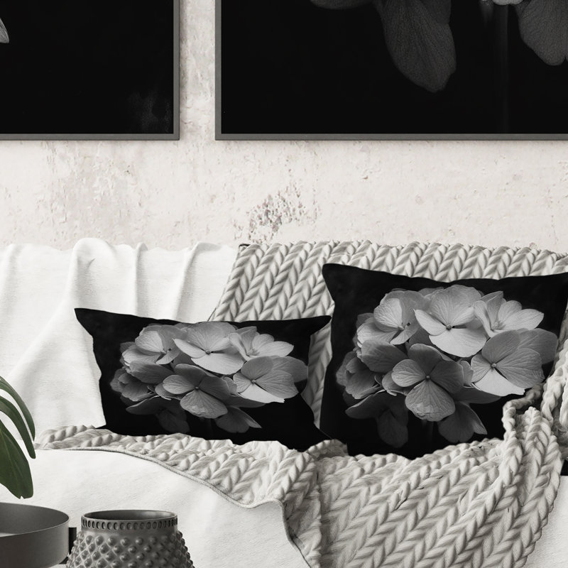 Grey White Hydrangea Bloom I - Floral Printed Throw Pillow