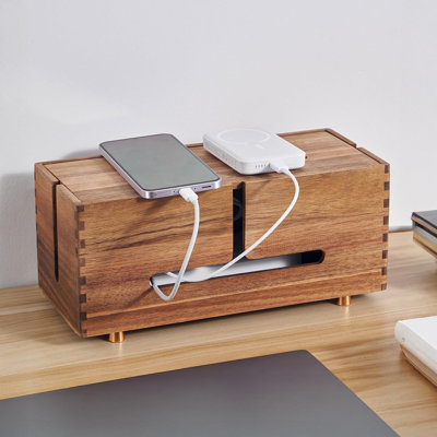 Acacia Wood Cable Management Box - Wooden Cord Hider With 4 Metal Feet​, Organizer For Desk & Floor, Power Strip TV Wire Concealer
