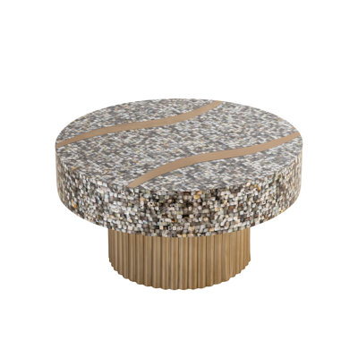 Modern & Contemporary Coffee Table With Stainless Steel Support, Mother Of Pearl Covering, Brass Finish, 32x32x17 In, 38 Lb Stylish Table: Base, Enhan