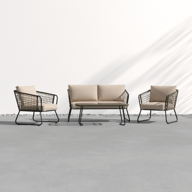 Ensemble de conversation avec canapé et coussins en rotin 4 pièces, Beige