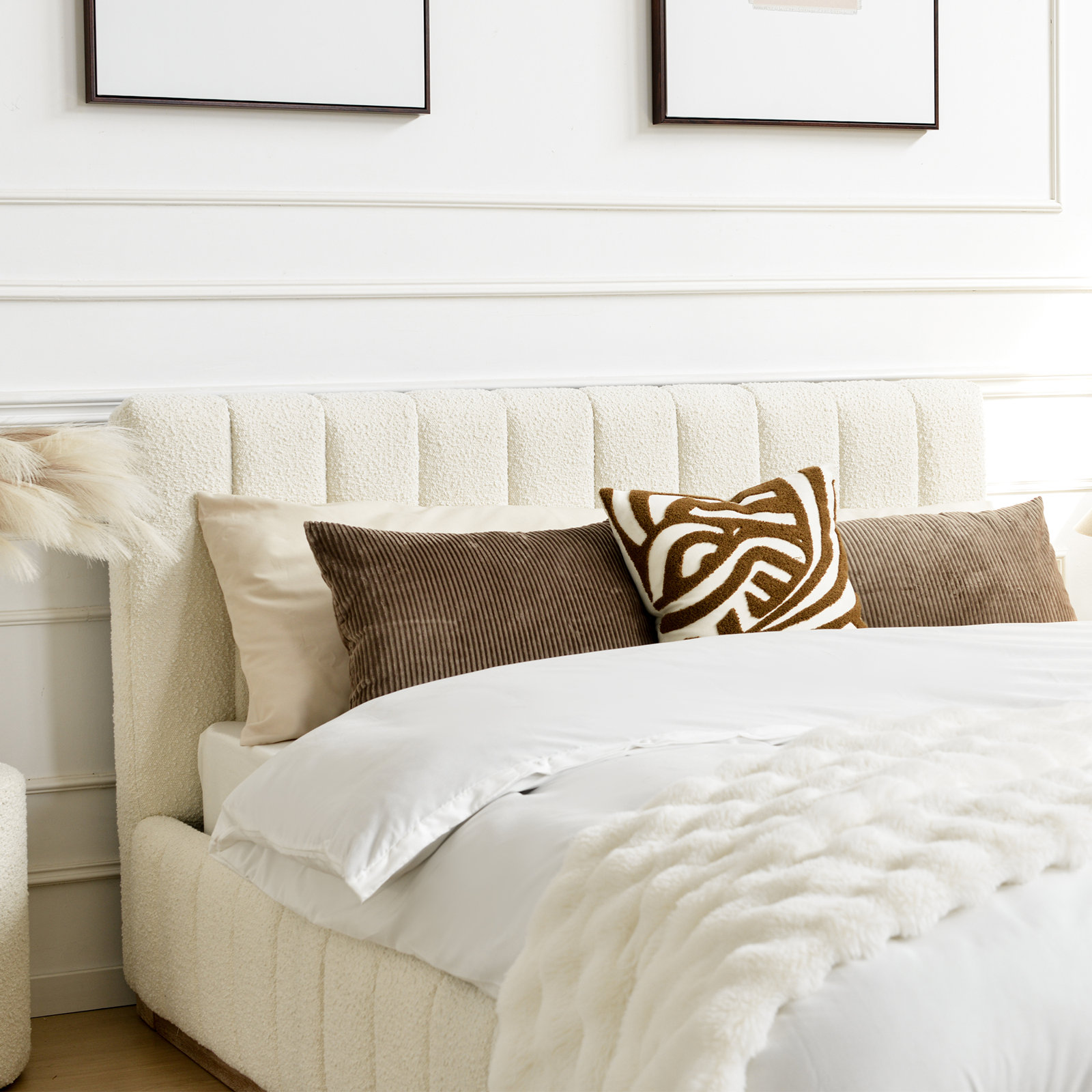 Upholstered Platform Bed, Cream, Queen