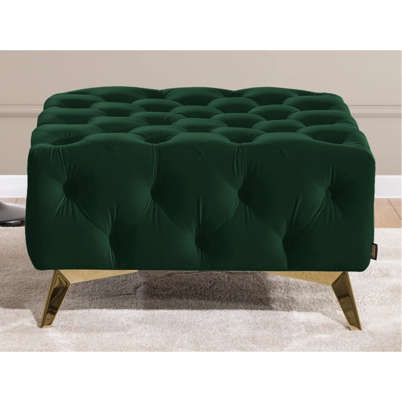Whitby 80cm Wide Velvet Tufted Square No Pattern Footstool Ottoman, Gold, Bottle Green