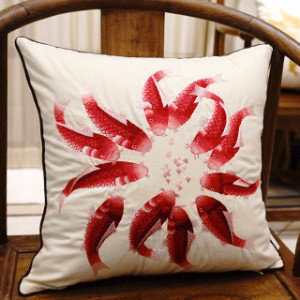 Fish Embroidered Pillow Cover, Red/White