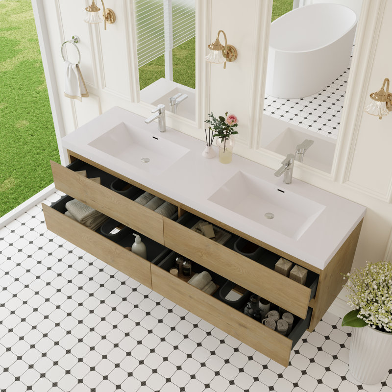 72" Floating Bathroom Vanity Wall-Mounted Storage Vanity with 2 Integrated Resin Top Basins and 4 Soft Close Drawers, Full Assembly