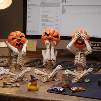 Set of 3 Pumpkin Head Skull Figurines, Halloween Decorative Statues for Home Party Ornaments