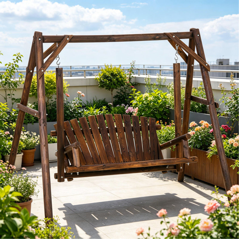 Banc de balançoire en bois 2 places, conception ergonomique, structure en forme de A, stable et antidérapant, balançoire de jardin en bois massif