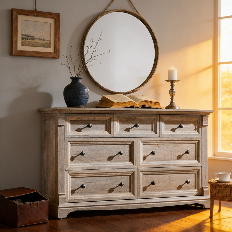 Roman Column 7-Drawer Dresser - 54" Wide Farmhouse Statement, Light Rustic Oak