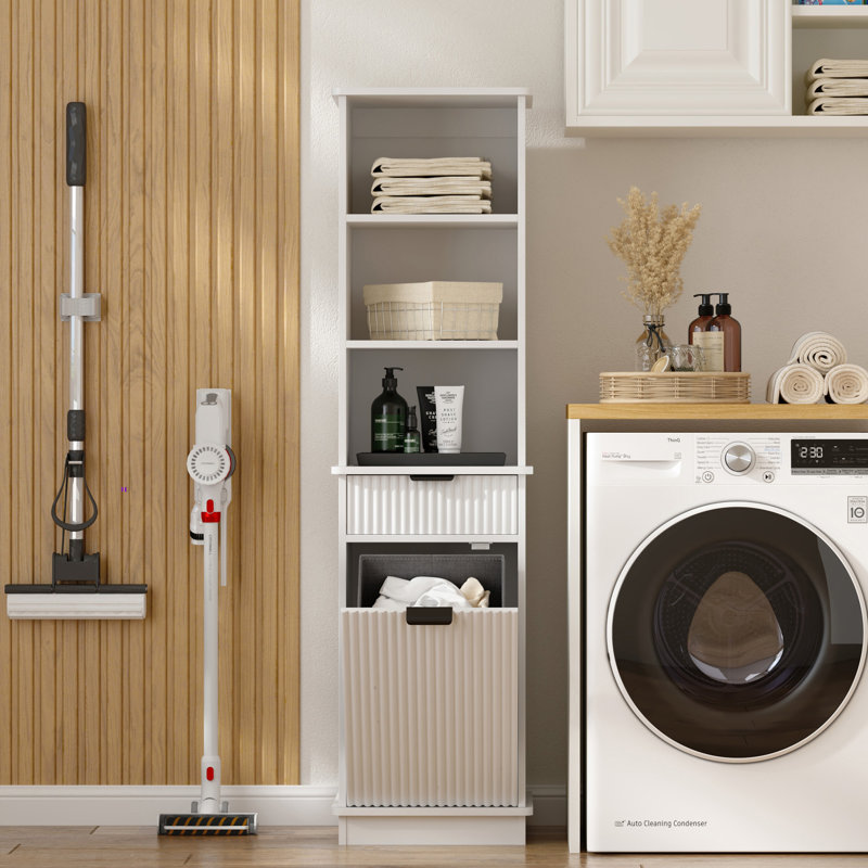 Grande armoire à linge inclinable avec tiroir, panier caché et tablettes de rangement, Blanc