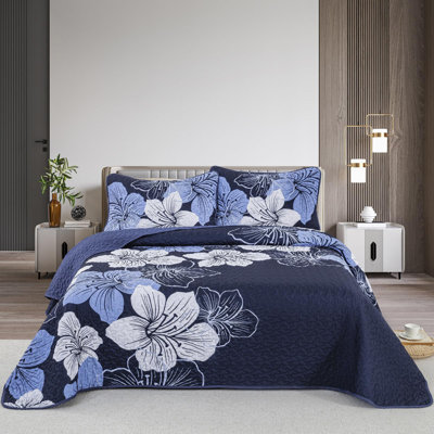 Ensemble de courtepointe à motif floral 3 pièces avec taies décoratives