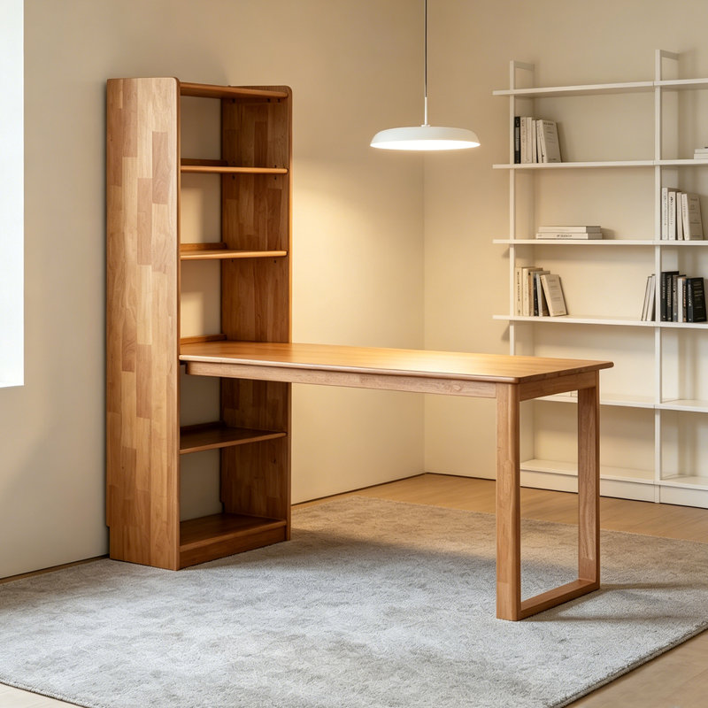 Bureau intégré avec bibliothèque en bois d'hévéa, H 65,74 po x l 59,84 po x P 23,62 po