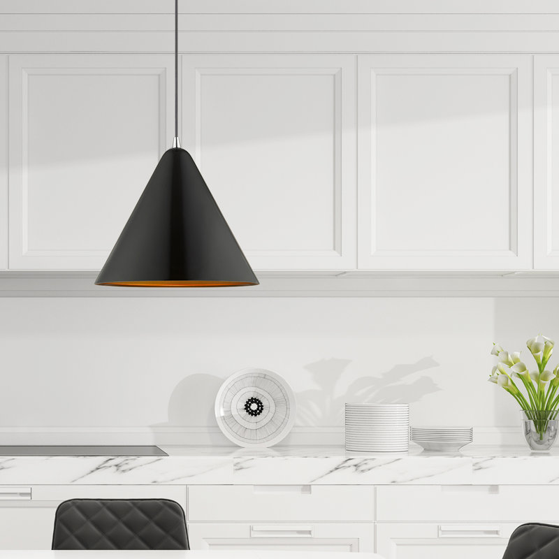 Luminaire suspendu conique à 1 lumière Oaklee, Noir brillant, H 18 po x l 14 po x P 14 po