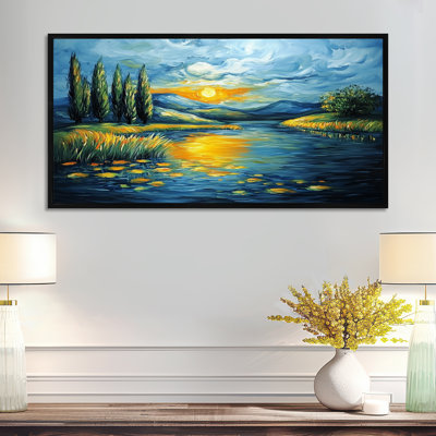 «Blue Yellow Yellow Sunset Lake Simplicity - Serene», reproduction d'art encadrée sur toile