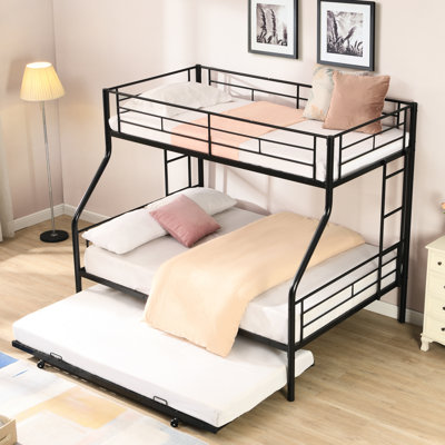 Lit superposé simple au-dessus d'un lit double avec lit gigogne de style moderne, fabrication en métal, peu encombrant, facile à assembler, sans sommier à ressorts, requis, élégant
