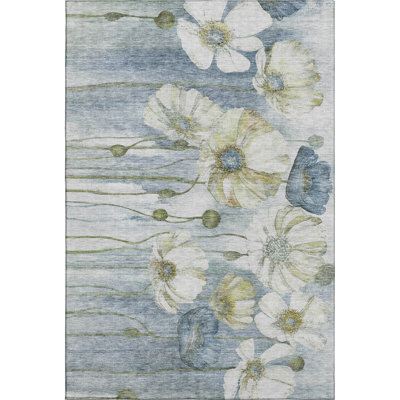8' X 10' Blue Ivory And Gold Floral Washable Area Rug With UV Protection