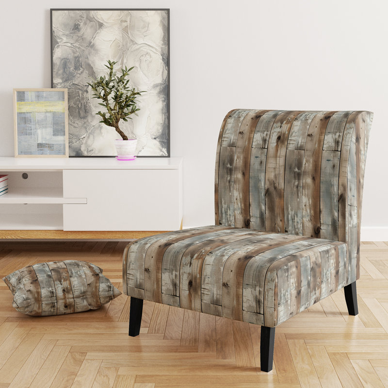 Rustic Farmhouse Wooden Planks - Upholstered Vintage Slipper Chair, Brown Accent Chair, Rustic Farmhouse Wooden Planks I