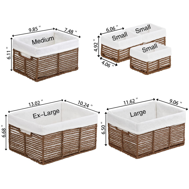Wicker Storage Baskets, 6 Pack Rectangular Baskets With Handle For Organizing, Cube Storage Bins For Closet/Clothes/Dresser, Brown