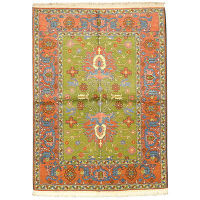 High-Quality Hand-Knotted Green And Rust Area Rug