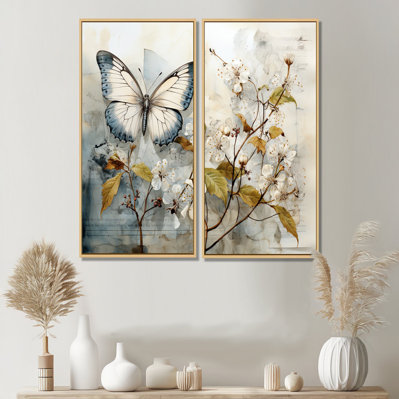 Collette - grand ensemble d'art mural de 2 papillons, 40" H x 40" W, Impression encadrée flottante, Cream