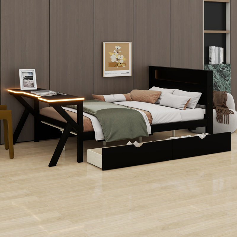 Lit plateforme en bois avec tête de lit à DEL, bureau à DEL, USB et deux tiroirs de rangement, Lit double