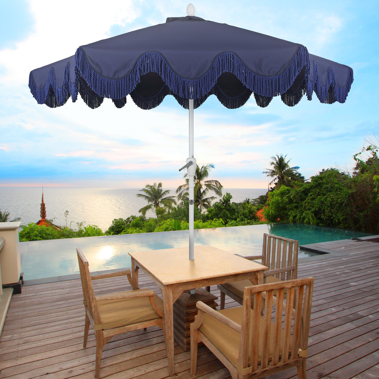 Teretha 9' Market Umbrella, White, Navy
