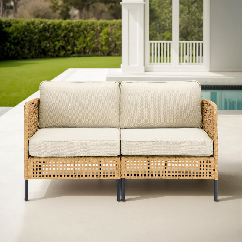 Outdoor Natural Wicker Sofa Boho Patio Sectional Loveseat Furniture Set With Beige Csuhions For Patio