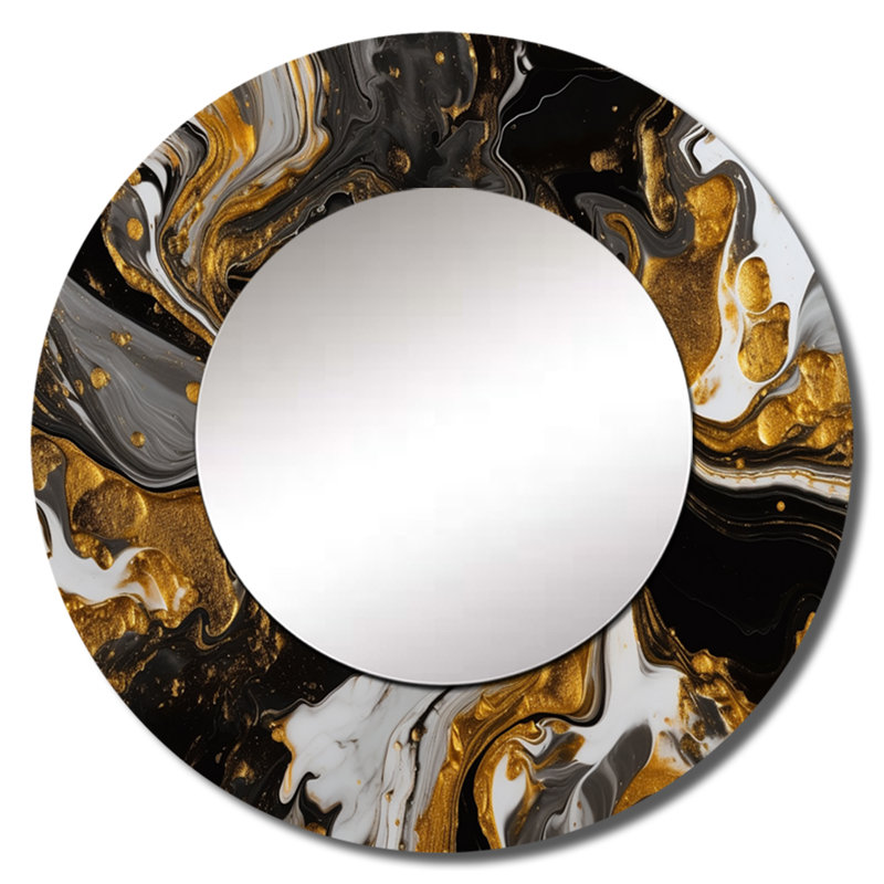 Gold Black Marbled Dreamscape II - Modern Geometric Round Mirror Wall Decor_MTMIR61792, 23" x 23"
