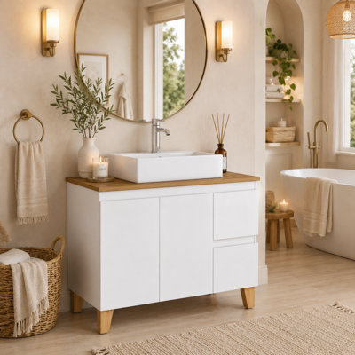35" Freestanding Bathroom Vanity with White Ceramic Vessel Sink, 2 Soft-Close Doors & Drawer
