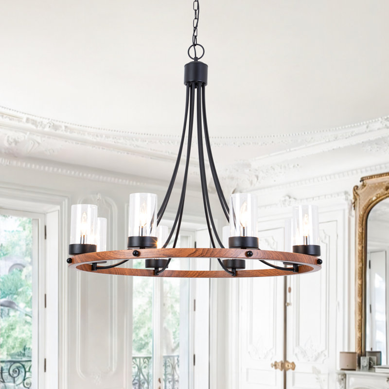 Barfleur 8 - Light 33"W Dimmable Wagon Wheel Wood Tradtional Chandelier for Dining Room or Living Room, Wood Grain