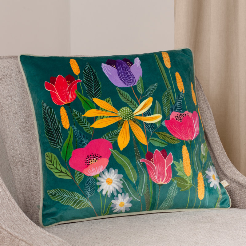 Floral Square Cushion, Teal, Polyester
