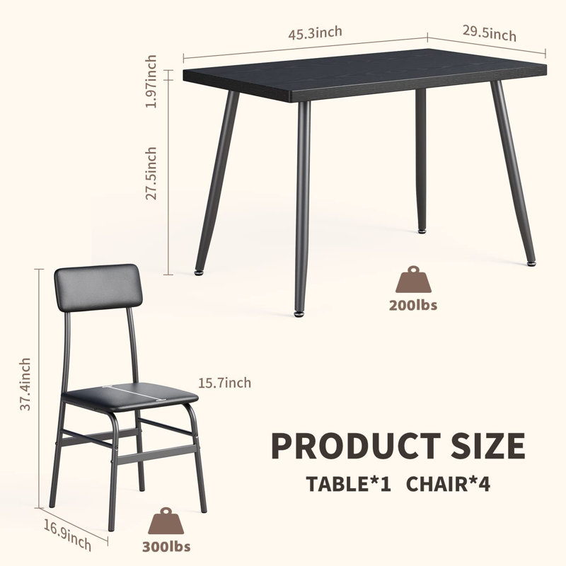 Clorinda 4-Person 5-Piece Rectangular Dining Set with Upholstered Chairs and Metal Frame, Black