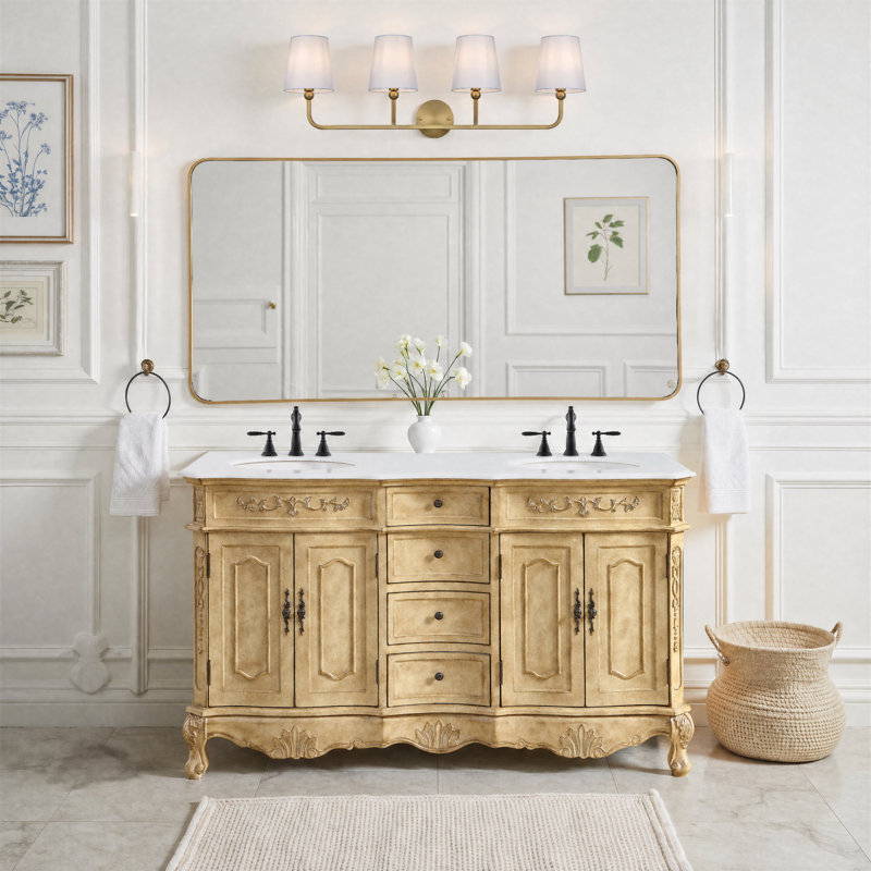 Ensemble de meuble-lavabo double 60 po Lunette, Blanc ivoire, Beige antique