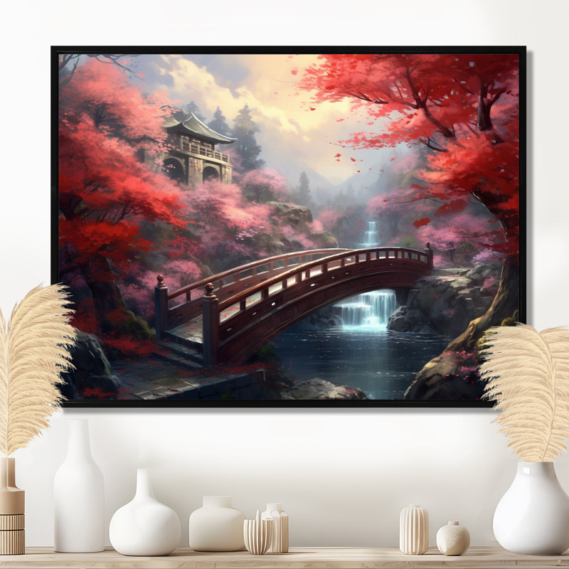 Pont d'automne japonais, arbres de fleurs de cerisier - pont, décoration murale, H 12 po x l 20 po