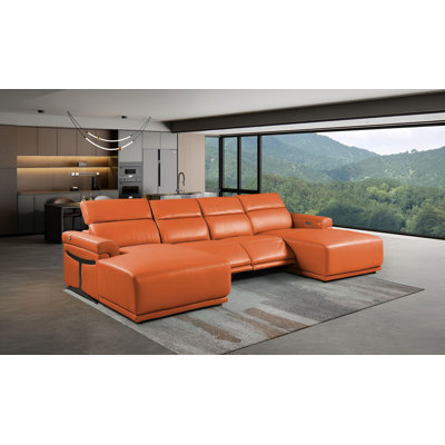 Canapé modulaire en cuir italien 4 pièces Camel avec 2 fauteuils inclinables électriques et appuis-tête réglables Camel