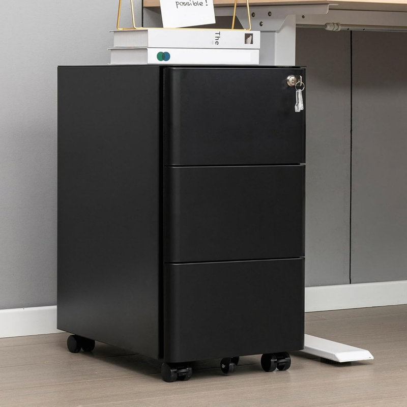 30 cm W 3 -Drawer Wheels / Casters included Mobile Steel Filing Cabinet, Black