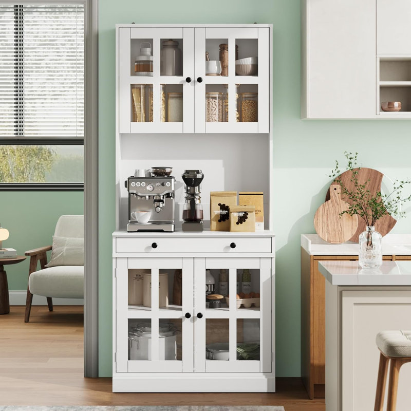 Armoire de cuisine 72 pouces avec portes en verre, tiroir et tablettes réglables, White