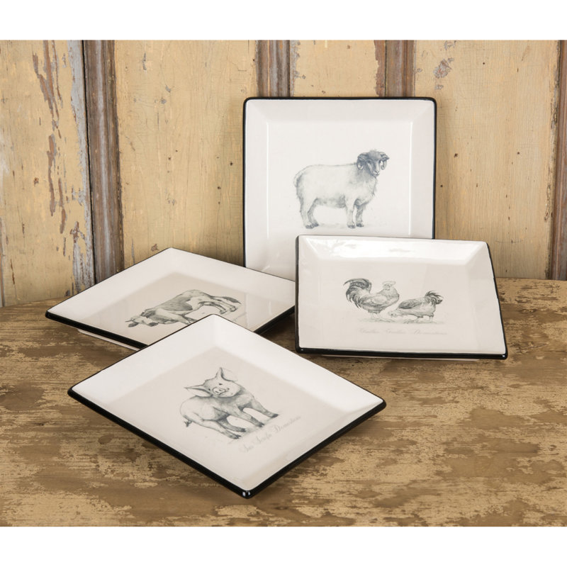 Assiette de dolomite avec décalcomanie d'animaux de ferme - ensemble de 4 - H 8 po x 1 po - blanc / noir