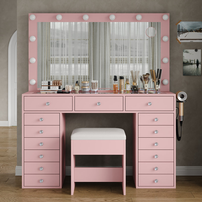Vanity Desk With Power Outlet, Makeup Vanity With Mirror And 12 LED Lights, 3 Lighting Modes,15 Drawers Vanity Table With Chair, Dressing Table With Glass Top