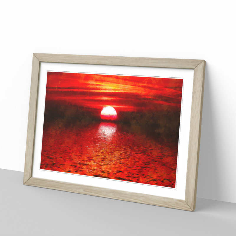 Red And Orange Sunset Above The Sea - Single Picture Frame Painting on MDF, 62cm H x 87cm W x 2cm D, Oak