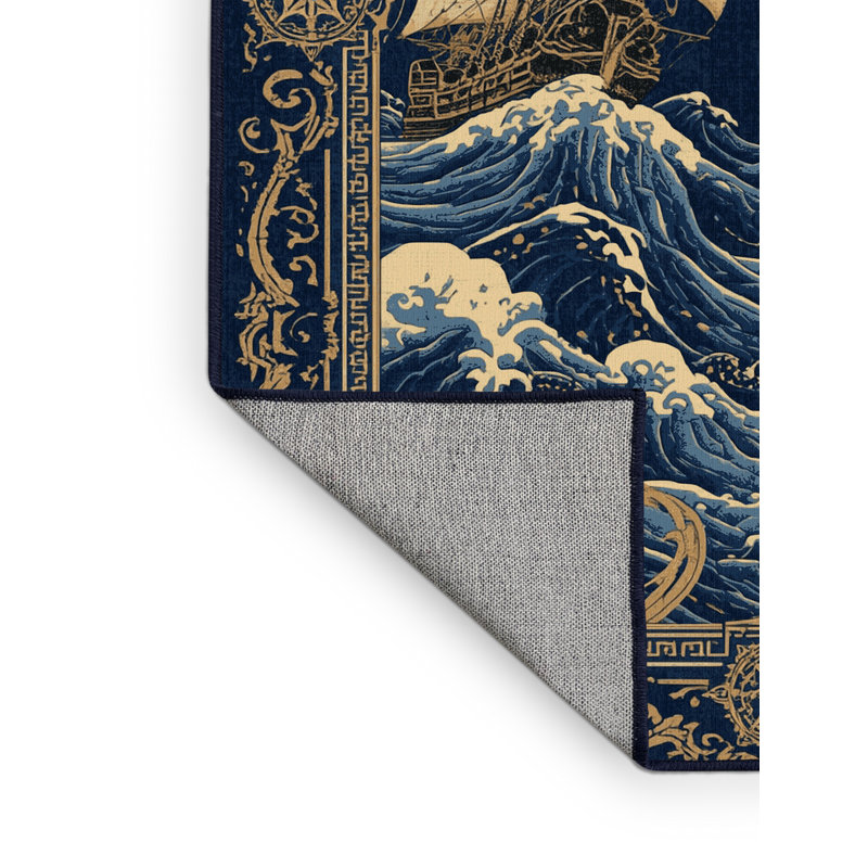 Tapis oriental bleu en tissu bleu marine délavé à la machine Cilegon, 7 x 9