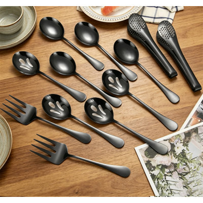 12-Piece Stainless Steel Large Serving Utensils Set with Serving Spoons, Fork, Tongs, Polished, Black