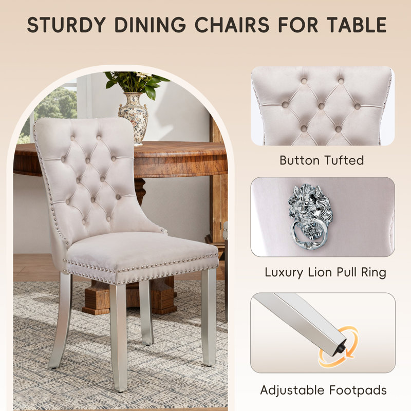  Modern Tufted Velvet Upholstered Dining Chairs Kitchen Chairs (Set of 2), Beige