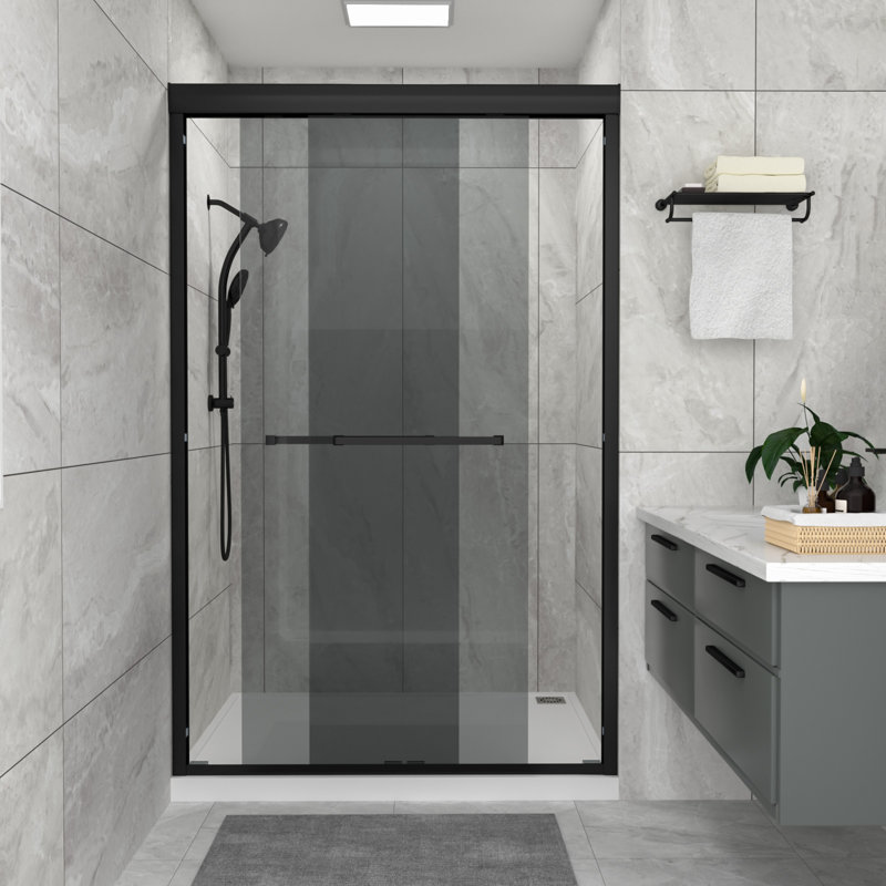 48" X 76" Framed Double Sliding Shower Door With Gray Tempered Glass, Matte Black