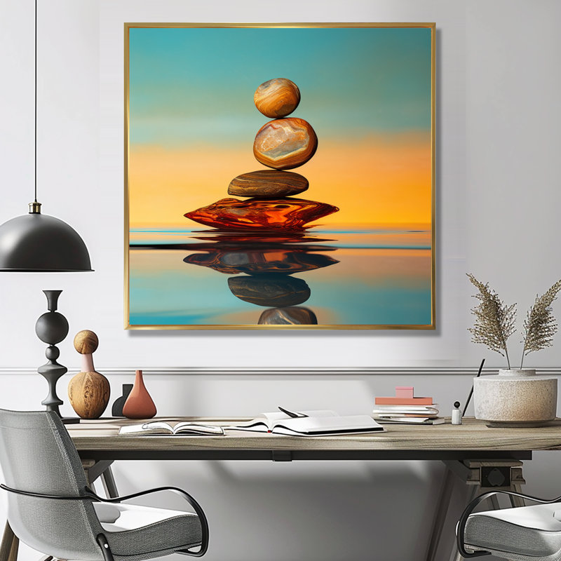 Zen pierres turquoise ciel coucher de soleil lueur - méditation salon d'art mural, Toile dorée avec cadre flottant