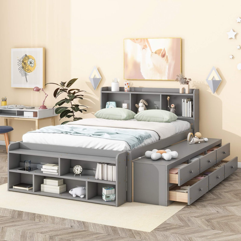 Lit double avec tête de lit bibliothèque, tiroirs sous le lit et étui de rangement, Gris